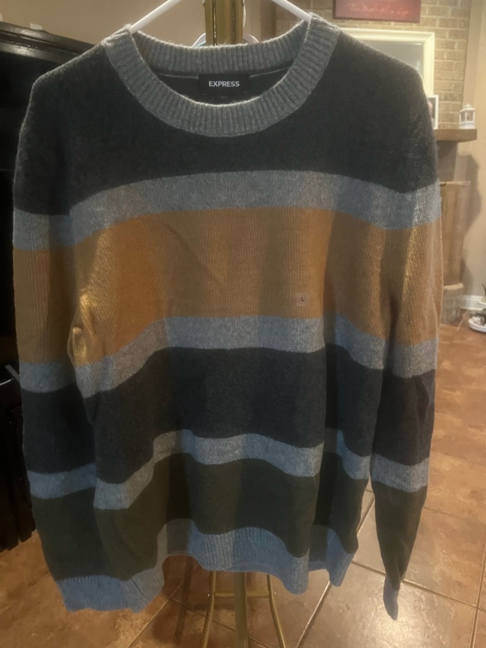 Express Men’s Striped Crewneck Sweater — Gray, Blue & Brown